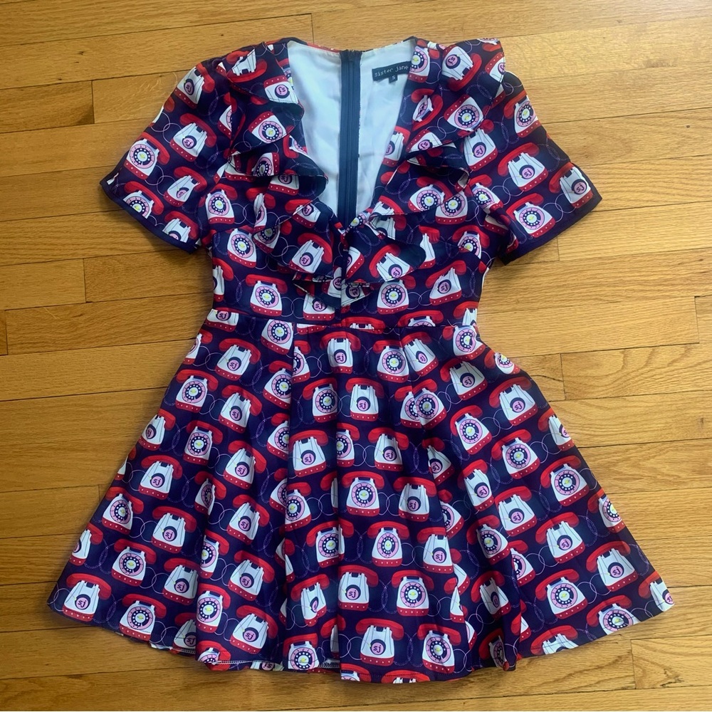 Sister Jane telephone print tea dress with frills
